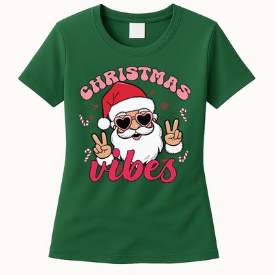 Christmas Vibes Santa Claus Peace Retro Groovy Womens T-Shirt