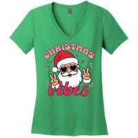 Christmas Vibes Santa Claus Peace Retro Groovy Women's V-Neck T-Shirt