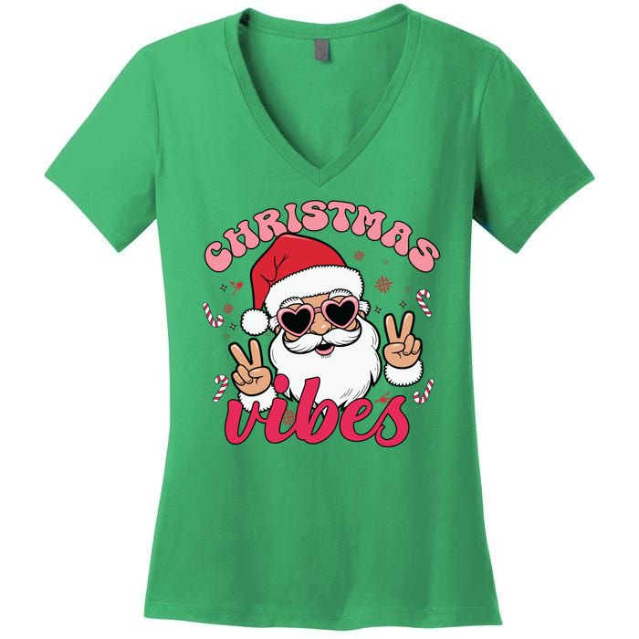 Christmas Vibes Santa Claus Peace Retro Groovy Women's V-Neck T-Shirt