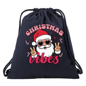 Christmas Vibes Santa Claus Peace Retro Groovy Drawstring Bag