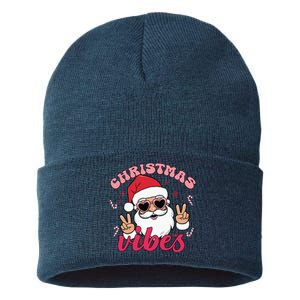 Christmas Vibes Santa Claus Peace Retro Groovy Sustainable Knit Beanie