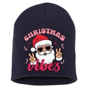 Christmas Vibes Santa Claus Peace Retro Groovy Short Acrylic Beanie