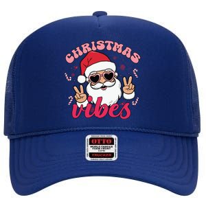 Christmas Vibes Santa Claus Peace Retro Groovy High Crown Mesh Back Trucker Hat