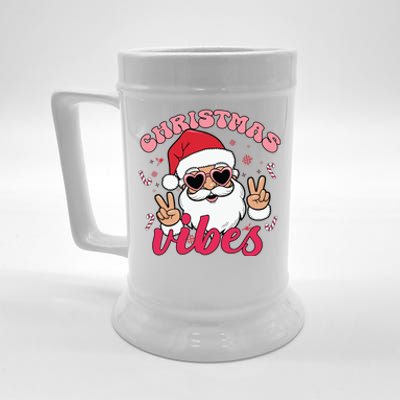 Christmas Vibes Santa Claus Peace Retro Groovy Beer Stein