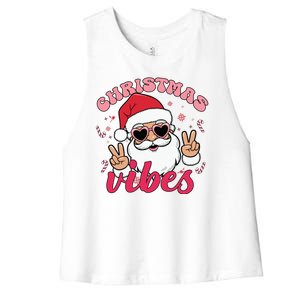 Christmas Vibes Santa Claus Peace Retro Groovy Women's Racerback Cropped Tank