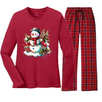 Christmas Vintage Snowman Women's Long Sleeve Flannel Pajama Set 