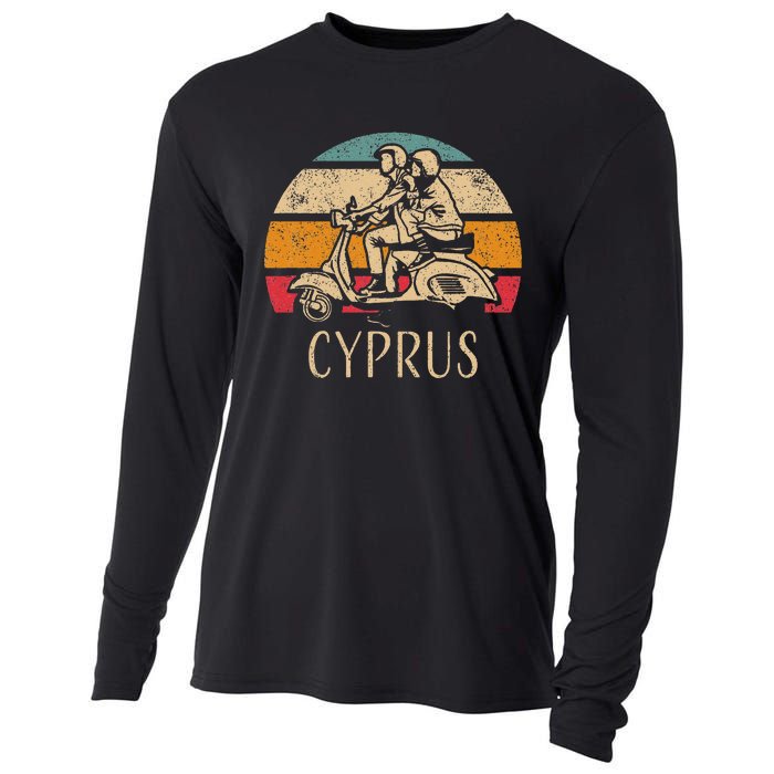 Cyprus Vintage Scooter Retro Sunset Distressed Design Cooling Performance Long Sleeve Crew