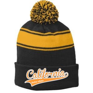 California Varsity Style Stripe Pom Pom Beanie