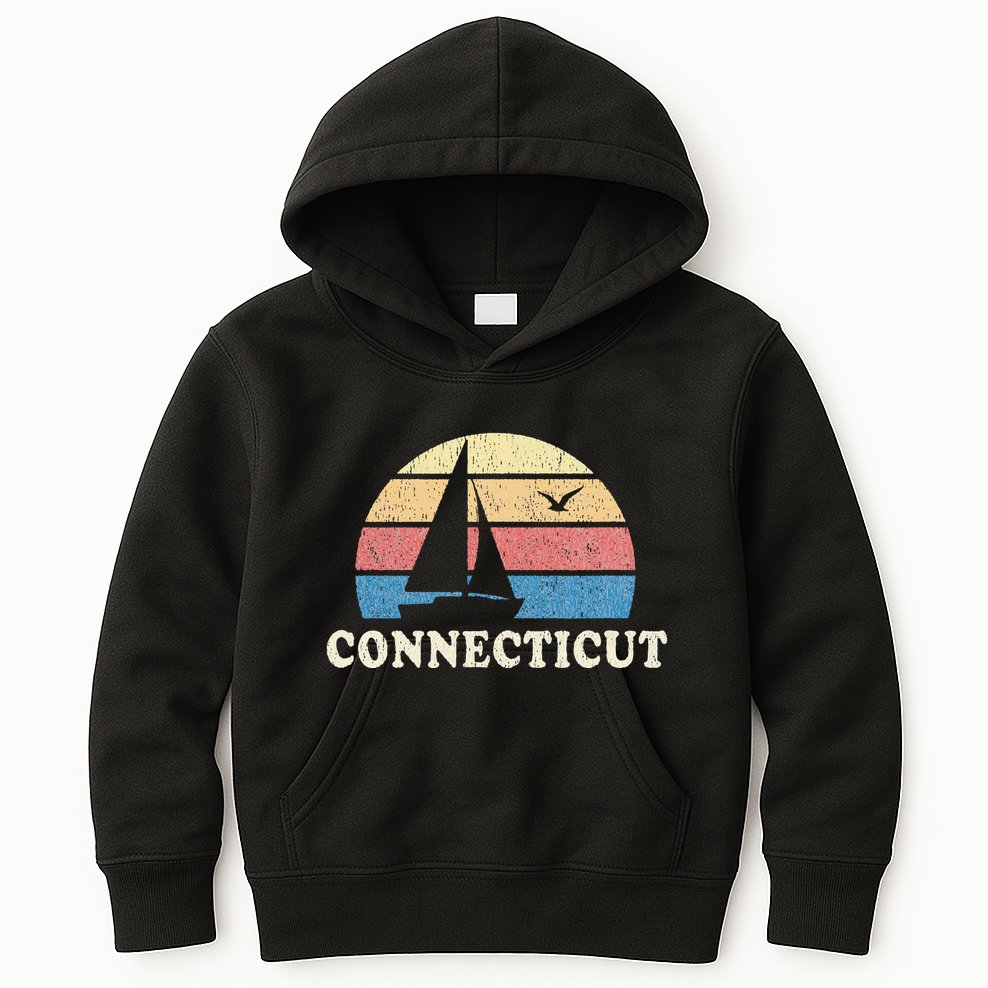 Connecticut Vintage Sailboat 70s Throwback Sunset Kids Hoodie