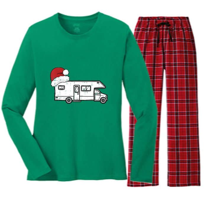 Camping Van Santa Hat Christmas Pajama Cool Gift Women's Long Sleeve Flannel Pajama Set 