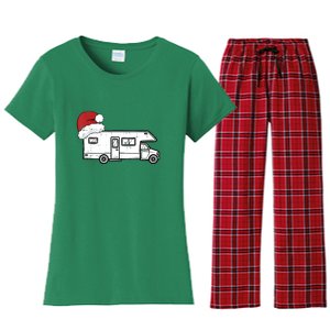 Camping Van Santa Hat Christmas Pajama Cool Gift Women's Flannel Pajama Set