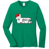 Camping Van Santa Hat Christmas Pajama Cool Gift Ladies Long Sleeve Shirt