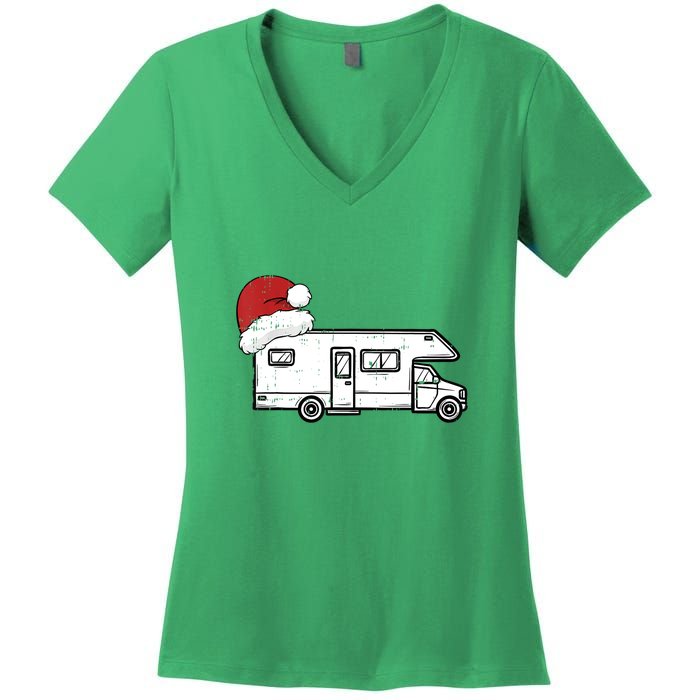 Camping Van Santa Hat Christmas Pajama Cool Gift Women's V-Neck T-Shirt