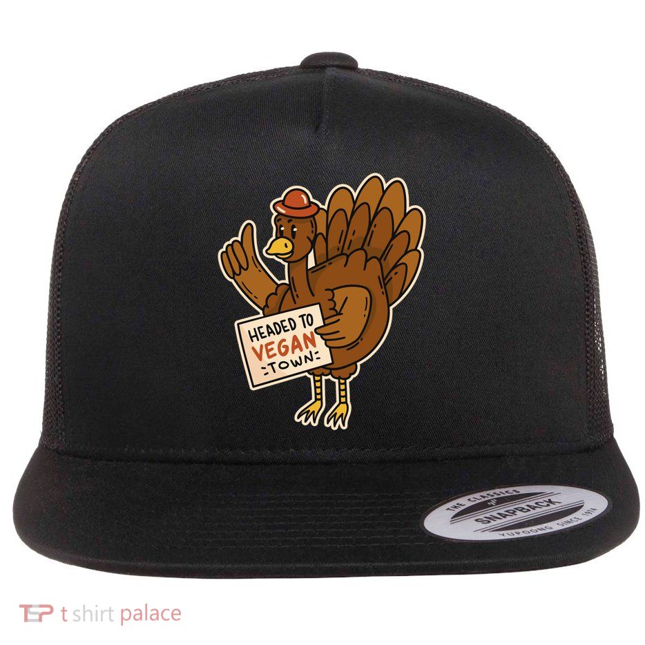 Cool Vegan Town Turkey Thanksgiving Holiday Food Veggie Love Gift Flat Bill Trucker Hat
