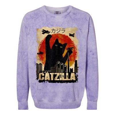 Catzilla Vintage Tee Funny Kitten And Cat Art Japanese Sunset Colorblast Crewneck Sweatshirt