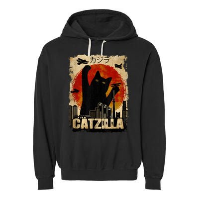Catzilla Vintage Tee Funny Kitten And Cat Art Japanese Sunset Garment-Dyed Fleece Hoodie