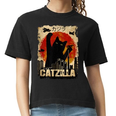 Catzilla Vintage Tee Funny Kitten And Cat Art Japanese Sunset Comfort Colors Boxy T-Shirt