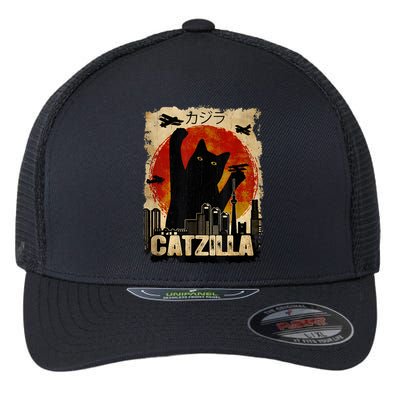 Catzilla Vintage Tee Funny Kitten And Cat Art Japanese Sunset Flexfit Unipanel Trucker Cap