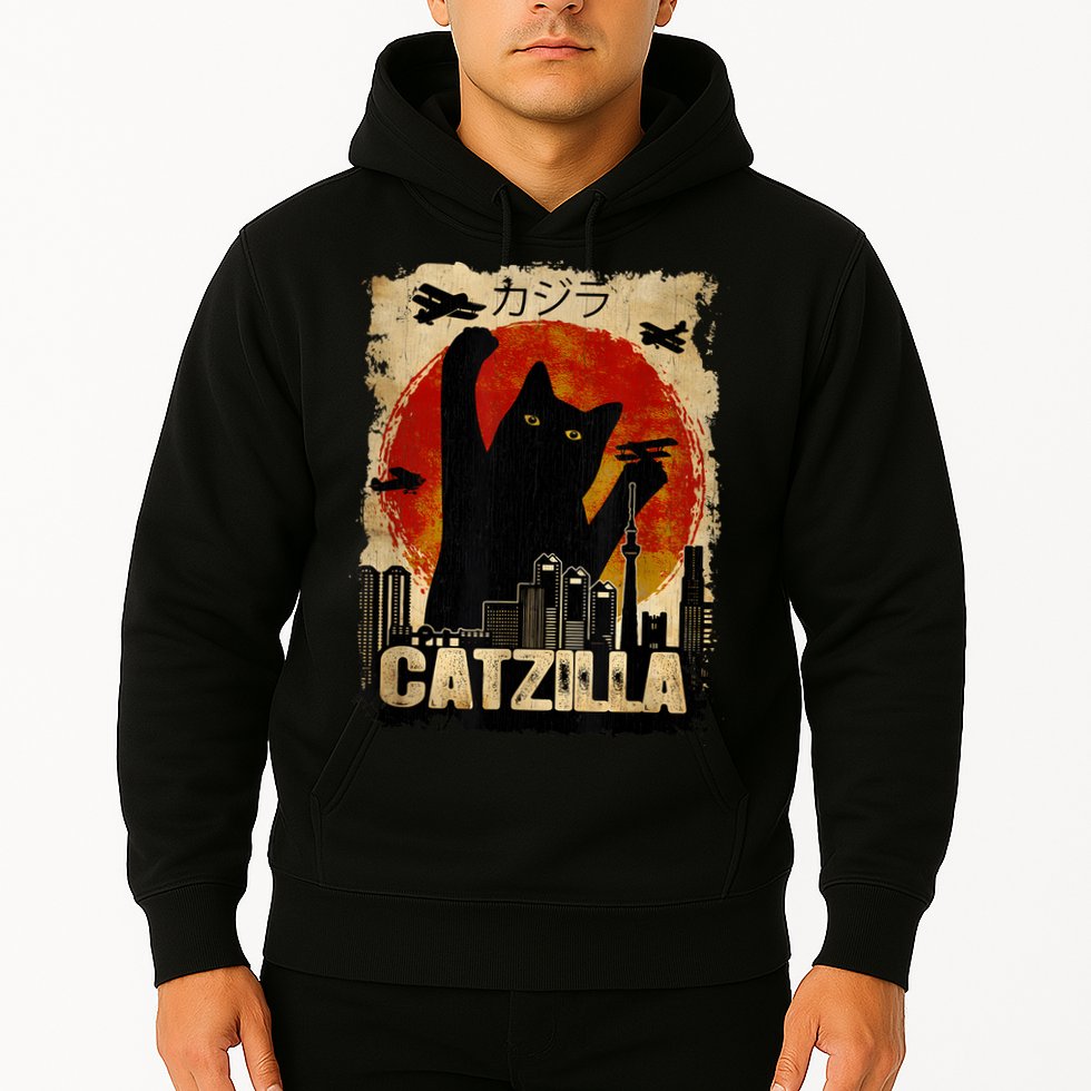 Catzilla Vintage Tee Funny Kitten And Cat Art Japanese Sunset Hoodie