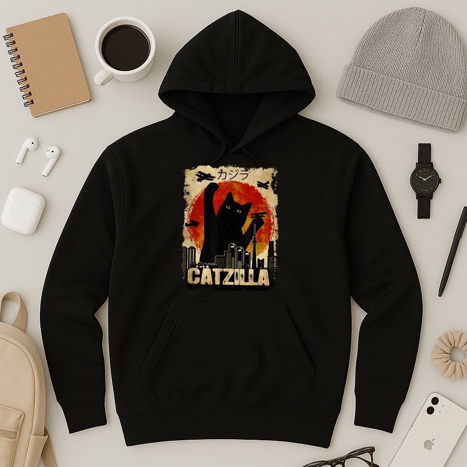 Catzilla Vintage Tee Funny Kitten And Cat Art Japanese Sunset Hoodie