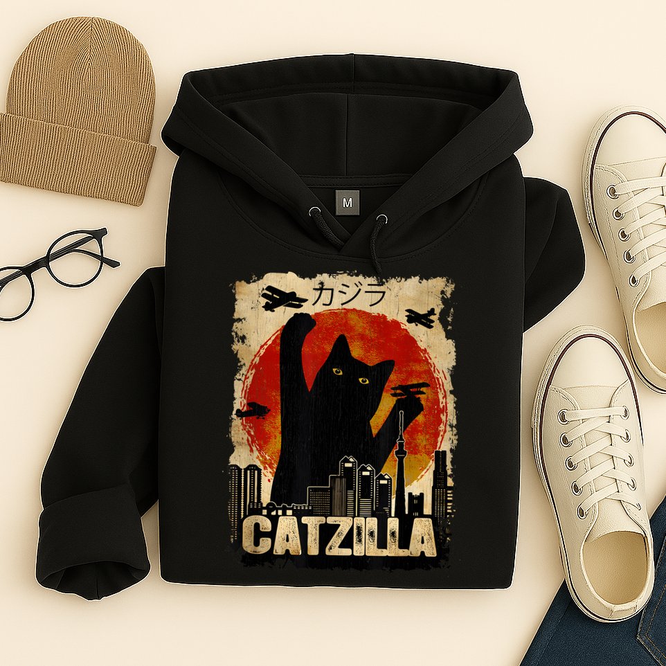 Catzilla Vintage Tee Funny Kitten And Cat Art Japanese Sunset Hoodie