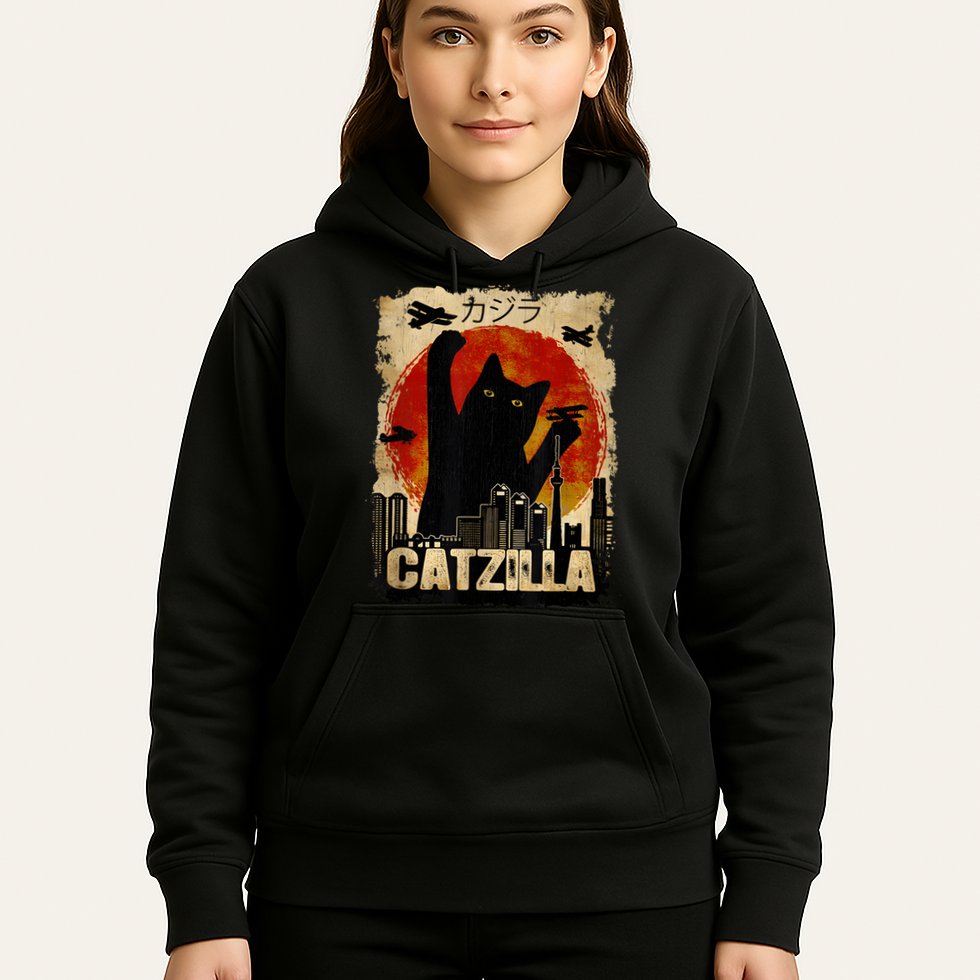 Catzilla Vintage Tee Funny Kitten And Cat Art Japanese Sunset Hoodie