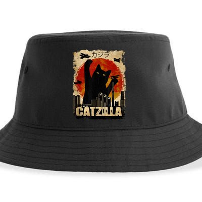 Catzilla Vintage Tee Funny Kitten And Cat Art Japanese Sunset Sustainable Bucket Hat
