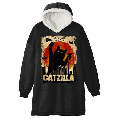 Catzilla Vintage Tee Funny Kitten And Cat Art Japanese Sunset Hooded Wearable Blanket