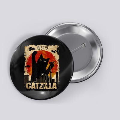 Catzilla Vintage Tee Funny Kitten And Cat Art Japanese Sunset Button