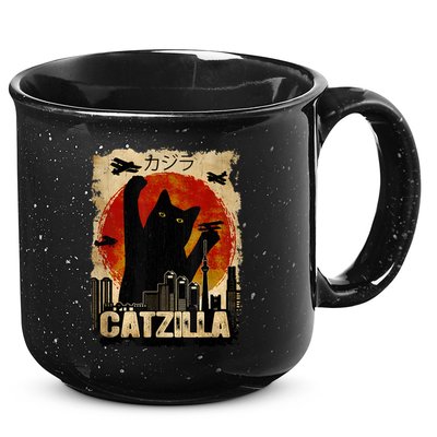 Catzilla Vintage Tee Funny Kitten And Cat Art Japanese Sunset 15oz Campfire Ceramic Mug