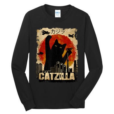 Catzilla Vintage Tee Funny Kitten And Cat Art Japanese Sunset Tall Long Sleeve T-Shirt