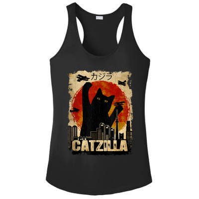 Catzilla Vintage Tee Funny Kitten And Cat Art Japanese Sunset Ladies PosiCharge Competitor Racerback Tank