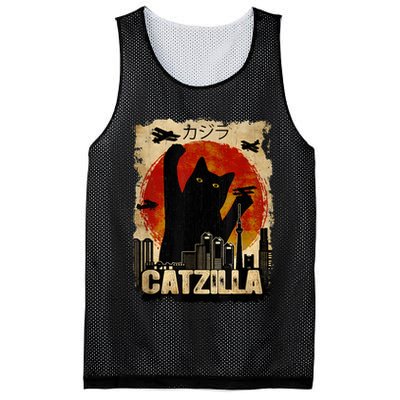 Catzilla Vintage Tee Funny Kitten And Cat Art Japanese Sunset Mesh Reversible Basketball Jersey Tank