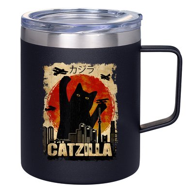 Catzilla Vintage Tee Funny Kitten And Cat Art Japanese Sunset 12oz Stainless Steel Coffee Mug