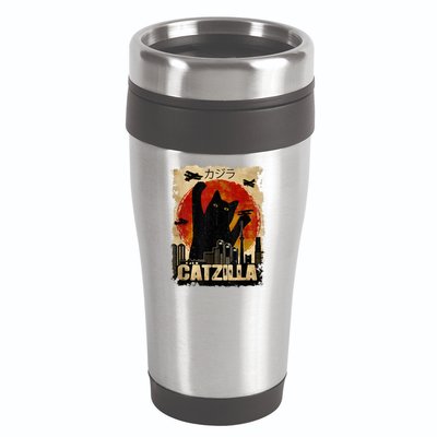 Catzilla Vintage Tee Funny Kitten And Cat Art Japanese Sunset 16oz Travel Tumbler