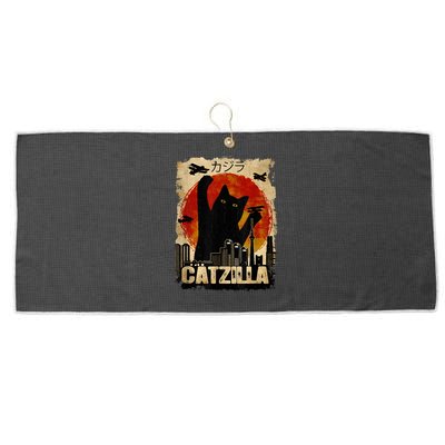 Catzilla Vintage Tee Funny Kitten And Cat Art Japanese Sunset Large Microfiber Waffle Golf Towel