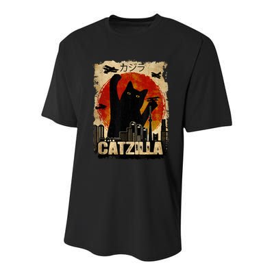 Catzilla Vintage Tee Funny Kitten And Cat Art Japanese Sunset Youth Performance Sprint T-Shirt