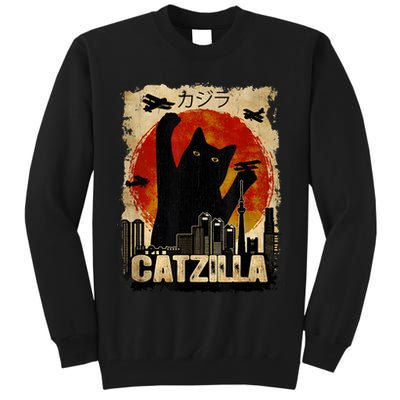 Catzilla Vintage Tee Funny Kitten And Cat Art Japanese Sunset Tall Sweatshirt