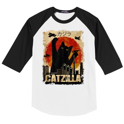 Catzilla Vintage Tee Funny Kitten And Cat Art Japanese Sunset Baseball Sleeve Shirt
