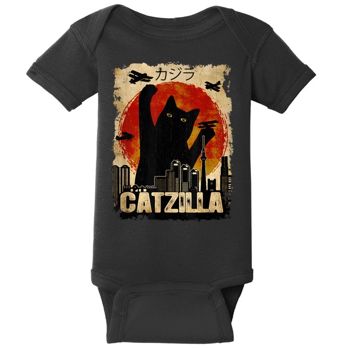 Catzilla Vintage Tee Funny Kitten And Cat Art Japanese Sunset Baby Bodysuit