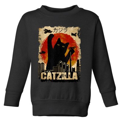 Catzilla Vintage Tee Funny Kitten And Cat Art Japanese Sunset Toddler Sweatshirt