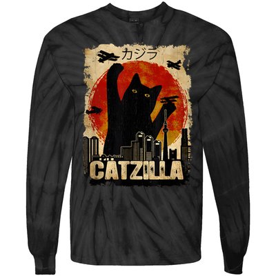 Catzilla Vintage Tee Funny Kitten And Cat Art Japanese Sunset Tie-Dye Long Sleeve Shirt