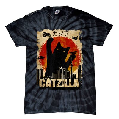 Catzilla Vintage Tee Funny Kitten And Cat Art Japanese Sunset Tie-Dye T-Shirt