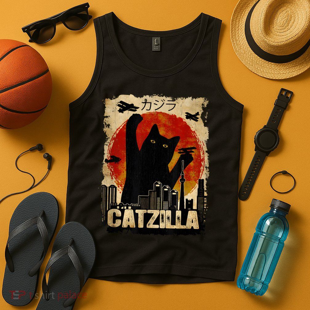 Catzilla Vintage Tee Funny Kitten And Cat Art Japanese Sunset Tank Top