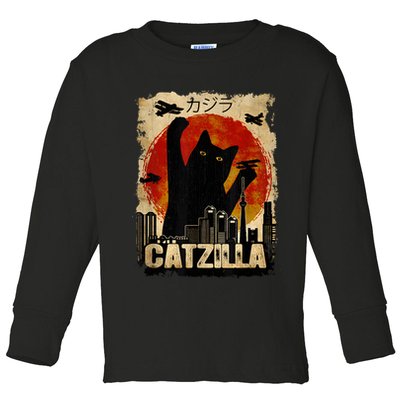 Catzilla Vintage Tee Funny Kitten And Cat Art Japanese Sunset Toddler Long Sleeve Shirt
