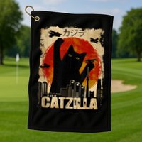 Catzilla Vintage Tee Funny Kitten And Cat Art Japanese Sunset Golf Towel