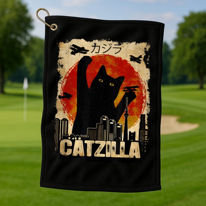 Catzilla Vintage Tee Funny Kitten And Cat Art Japanese Sunset Golf Towel