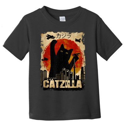 Catzilla Vintage Tee Funny Kitten And Cat Art Japanese Sunset Toddler T-Shirt
