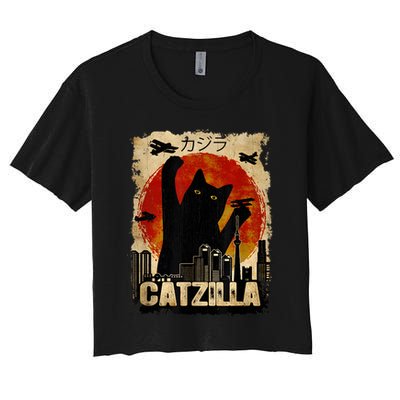 Catzilla Vintage Tee Funny Kitten And Cat Art Japanese Sunset Crop Top