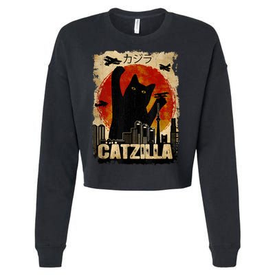 Catzilla Vintage Tee Funny Kitten And Cat Art Japanese Sunset Cropped Pullover Crew